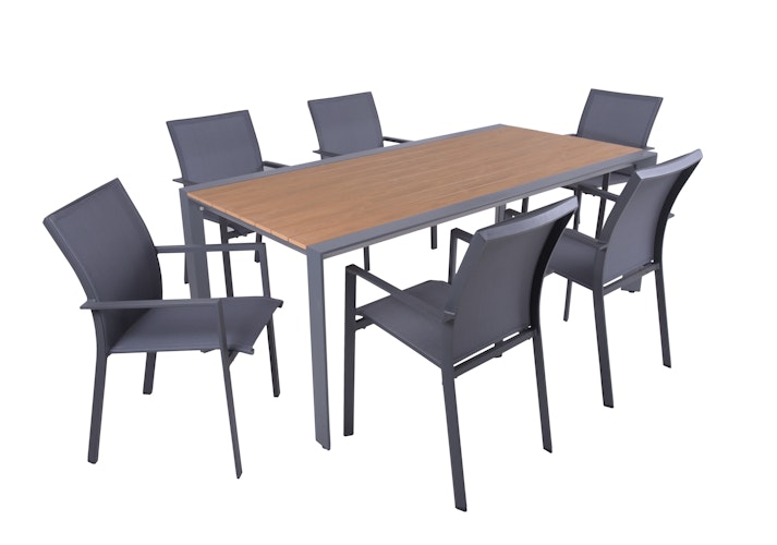 Garden Pleasure Gartenmöbel Set SILEA / RANA 02, Tisch 200 x 100 + 6 Stapelsessel, Aluminium / Nonwood / Kunststoffgewebe