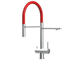 3 Wege Wasserhahn Küchenarmatur, Edelstahl Massiv mit 360° schwenkbarem Auslauf, abnehmbare 2 strahl Handbrause, Gebürstet / Rot