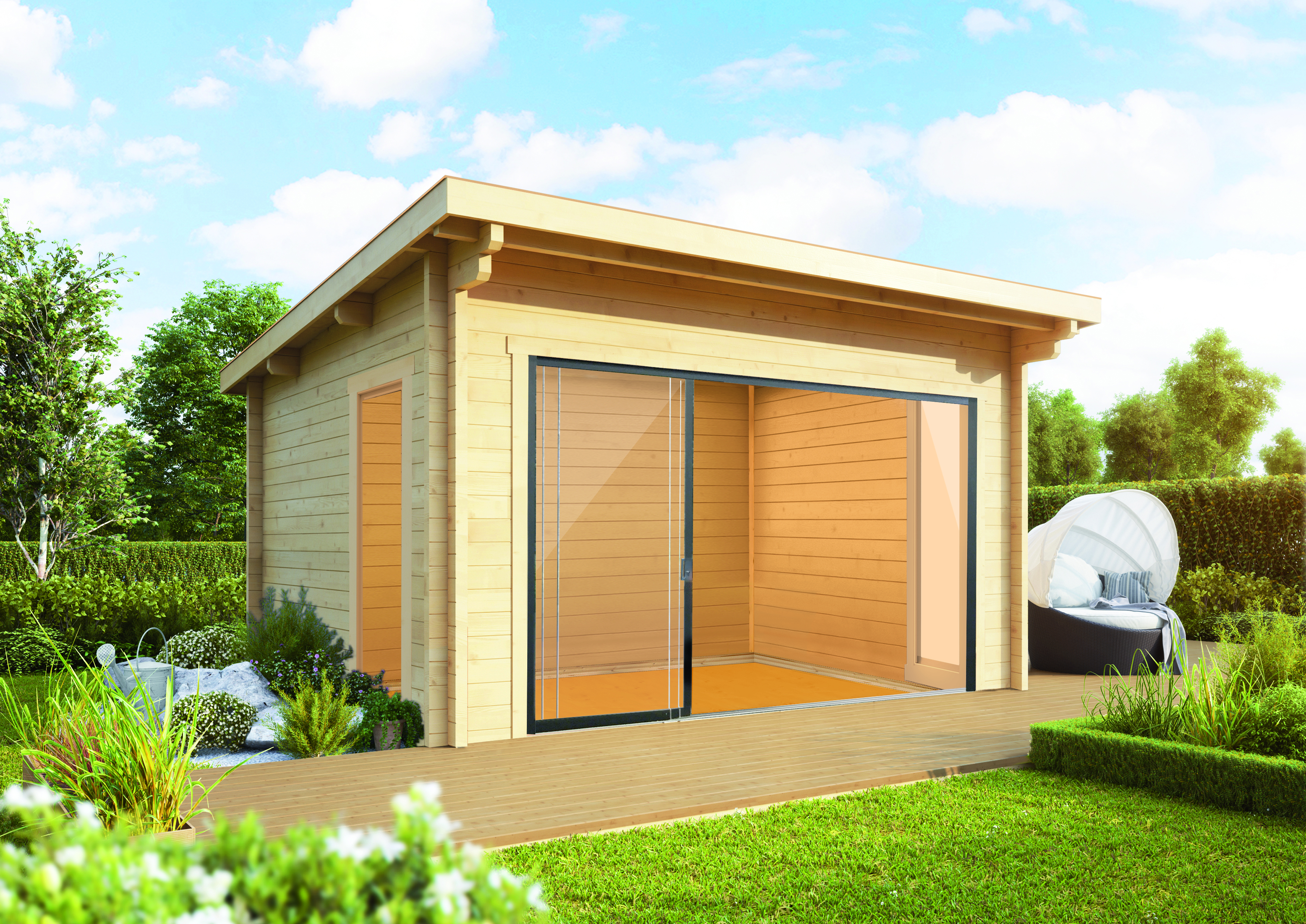 Wolff Finnhaus Gartenhaus Trondheim 44-D isolierverglast XL mit Schiebetür links