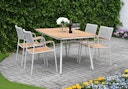 Vorschaubild Garden Pleasure Gartenmöbel Set CARMEL, Tisch 150 x 90 + 4 Stapelsessel, Stahl Weiß / Teak / Rope