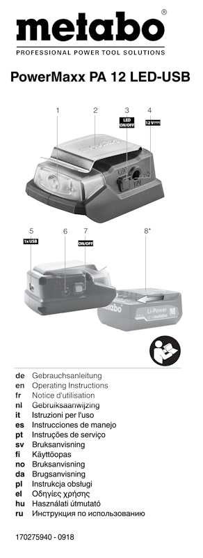 Bedienungsanleitung fÃ¼r Metabo Akku-Power-Adapter PowerMaxx PA 12 LED-USB