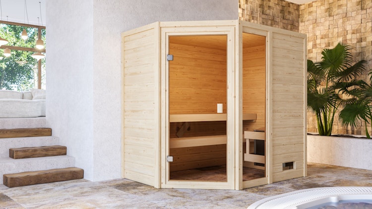 Karibu Woodfeeling Sauna Jada - 38 mm Massivholz Aktionssauna inkl. gratis Sauna-Zubehörset im Wert von 234,94 €