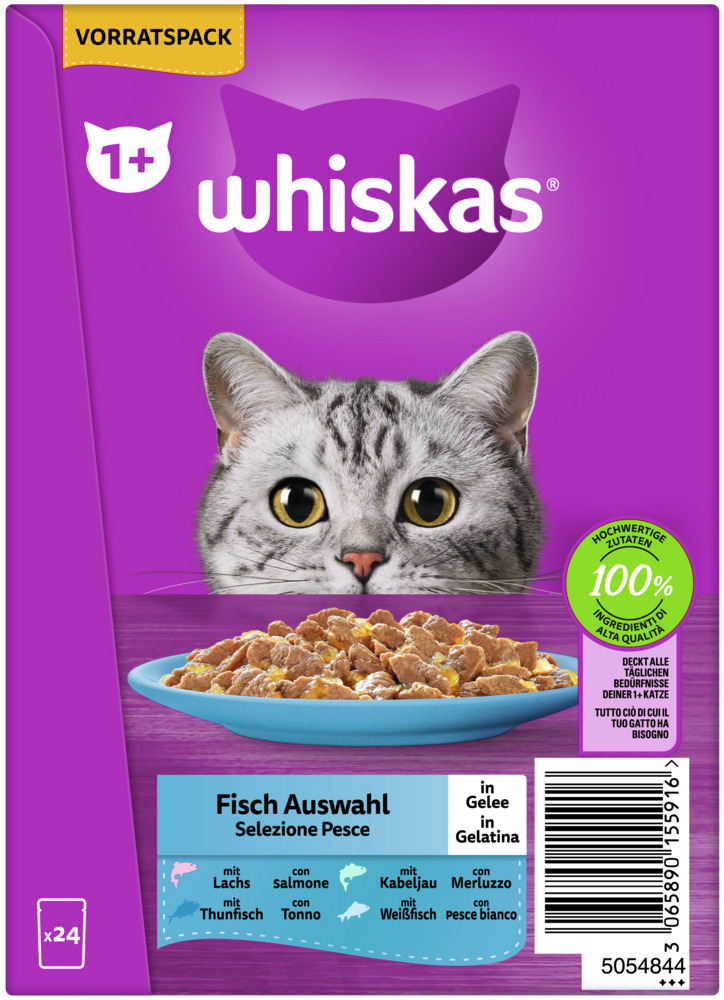 WHISKAS 1+ Fisch Auswahl in Gelee 24 x 85 Gramm Multipack Katzennassfutter