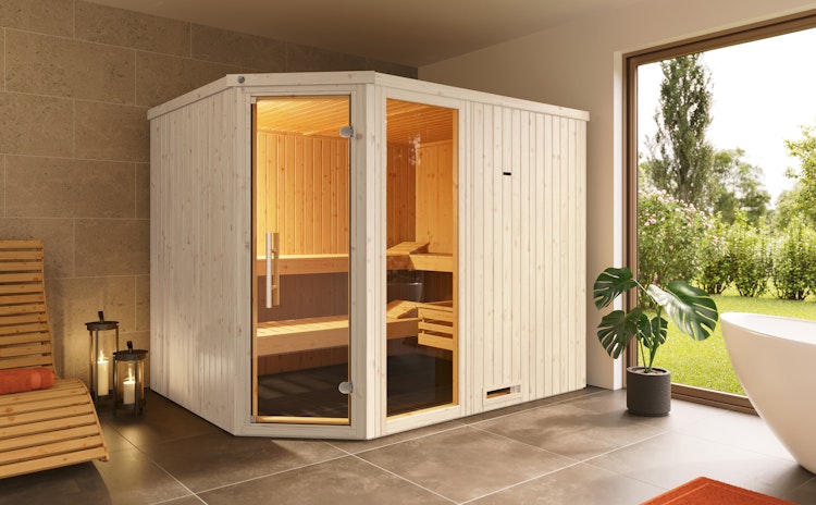 Weka Elementsauna Varberg 4 Trend Familiensauna mit Eckeinstieg & weiß lasierten Fronten - 68 mm