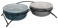 TRIXIE Napf-Set, Keramik/Metall, 2 × 0,6 l/ø 15 cm/32 × 9 × 16 cm, petrol/hellpetrol/grau/hellgrau