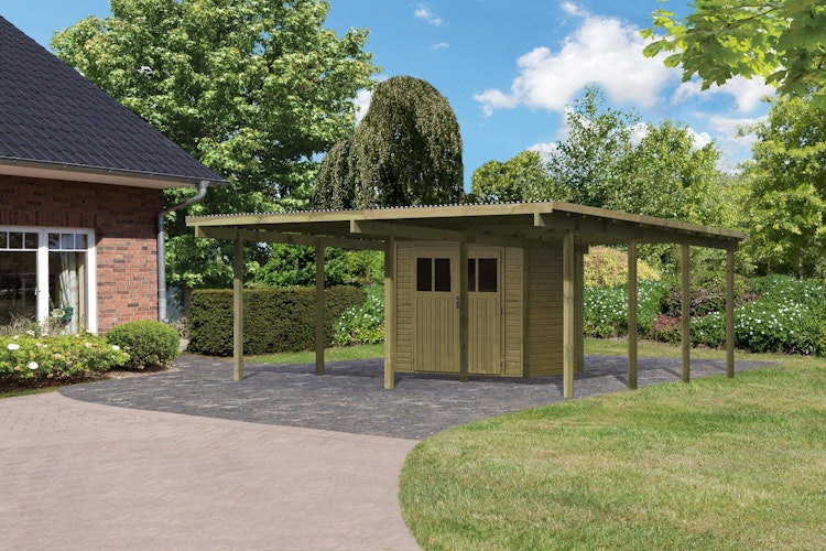 Karibu Doppelcarport Eco 2 mit integriertem Abstellraum klein - kesseldruckimprägniert