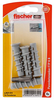 FISCHER Gasbetondübel FTP K 6K (4 Stück) mit Bit
