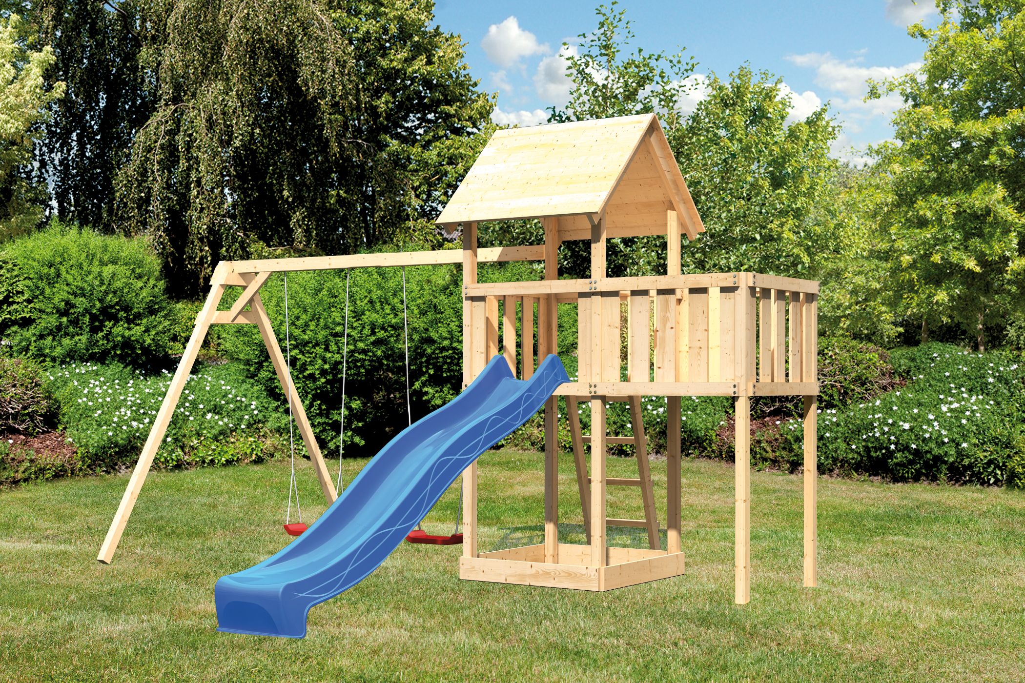 Akubi Kinderspielturm Lotti mit Satteldach inkl. Wellenrutsche, Doppelschaukelanbau und Anbauplattform
