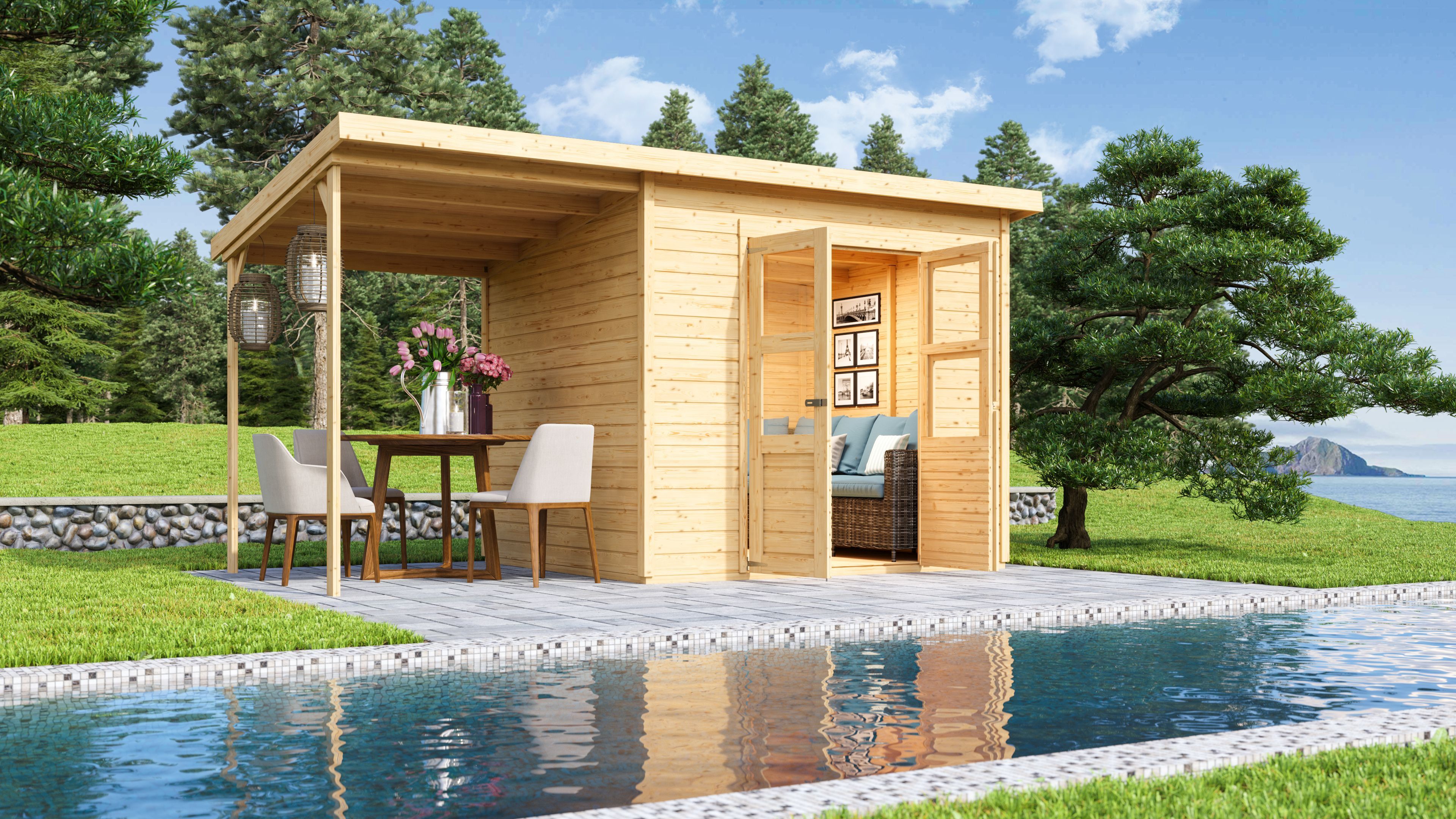 Karibu Eco Gartenhaus Merseburg 5 inkl. Anbaudach - Sparset inkl. gratis Fenster im Wert von bis zu 59,99 €