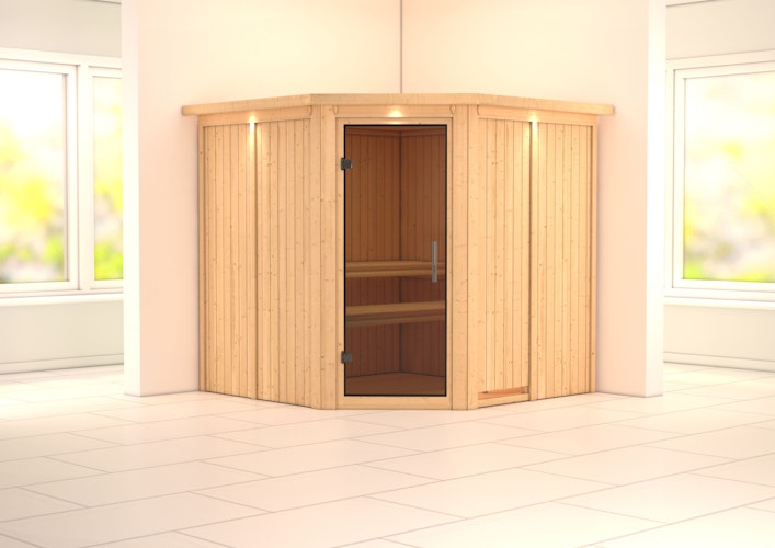 Karibu Sauna Jarin mit Eckeinstieg 68 mm inkl. gratis 9 kW Bio-Saunaofen im Wert von 719 €