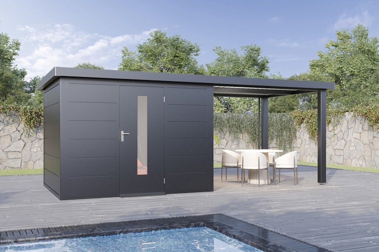 Wolff Finnhaus Premium Metall Gartenhaus Thorin 6024 Anthrazit inkl. 300 cm Anbaudach