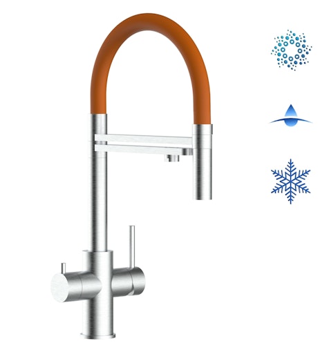 Kurzversion 47 cm - 5 Wege Wasserhahn Küchenarmatur, Edelstahl Massiv mit 360° schwenkbarem Auslauf, abnehmbare 2 strahl Handbrause, Gebürstet / Orange