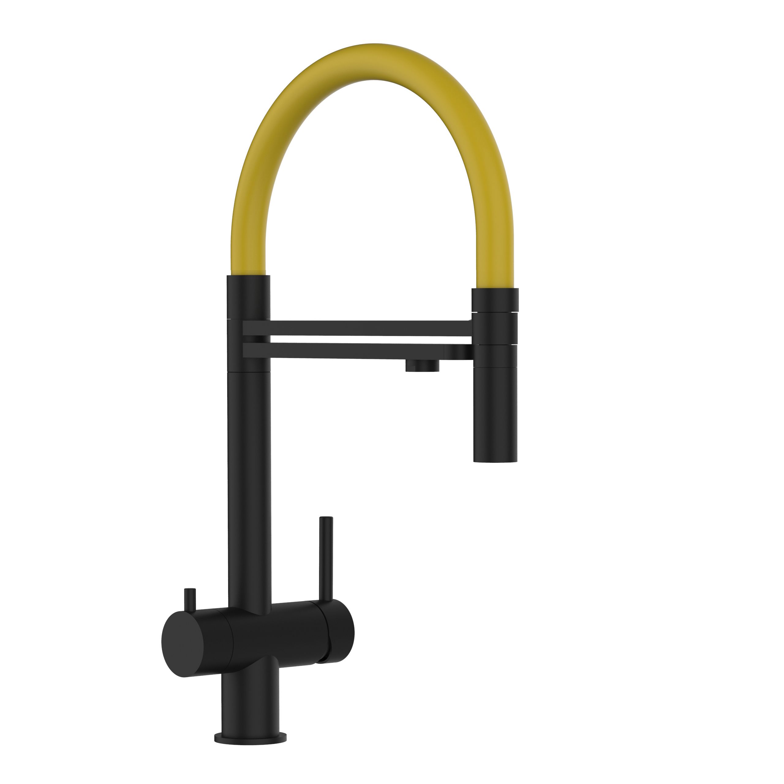 Kurzversion 45 cm - 3 Wege Wasserhahn Küchenarmatur, Edelstahl Massiv mit 360° schwenkbarem Auslauf und abnehmbare 2 strahl Handbrause, PVD Schwarz Matt / Gelb