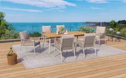 Garden Pleasure Gartenmöbel Set TULUM, Tisch 180 x 90 + 6 Sessel, Alu Sandbeige / Nonwood / Rope Beige / Kissen 100 % Polyester Beige