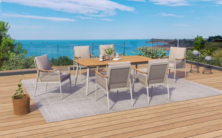 Garden Pleasure Gartenmöbel Set TULUM, Tisch 180 x 90 + 6 Sessel, Alu Sandbeige / Nonwood / Rope Beige / Kissen 100 % Polyester Beige