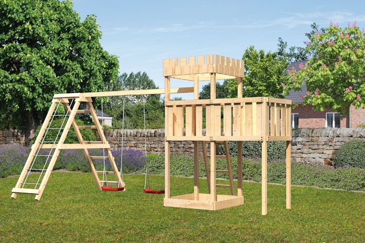 Akubi Kinderspielturm Ritterburg Löwenherz inkl. Anbauplattform, Doppelschaukelanbau und Klettergerüst