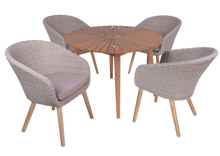 Garden Pleasure Gartenmöbel Set FREMONT / ARVADA, Tisch Ø 110 + 4 Sessel, Akazie / Polyrattan Pfeffergrau / Kissen 100 % Polyester Taupe
