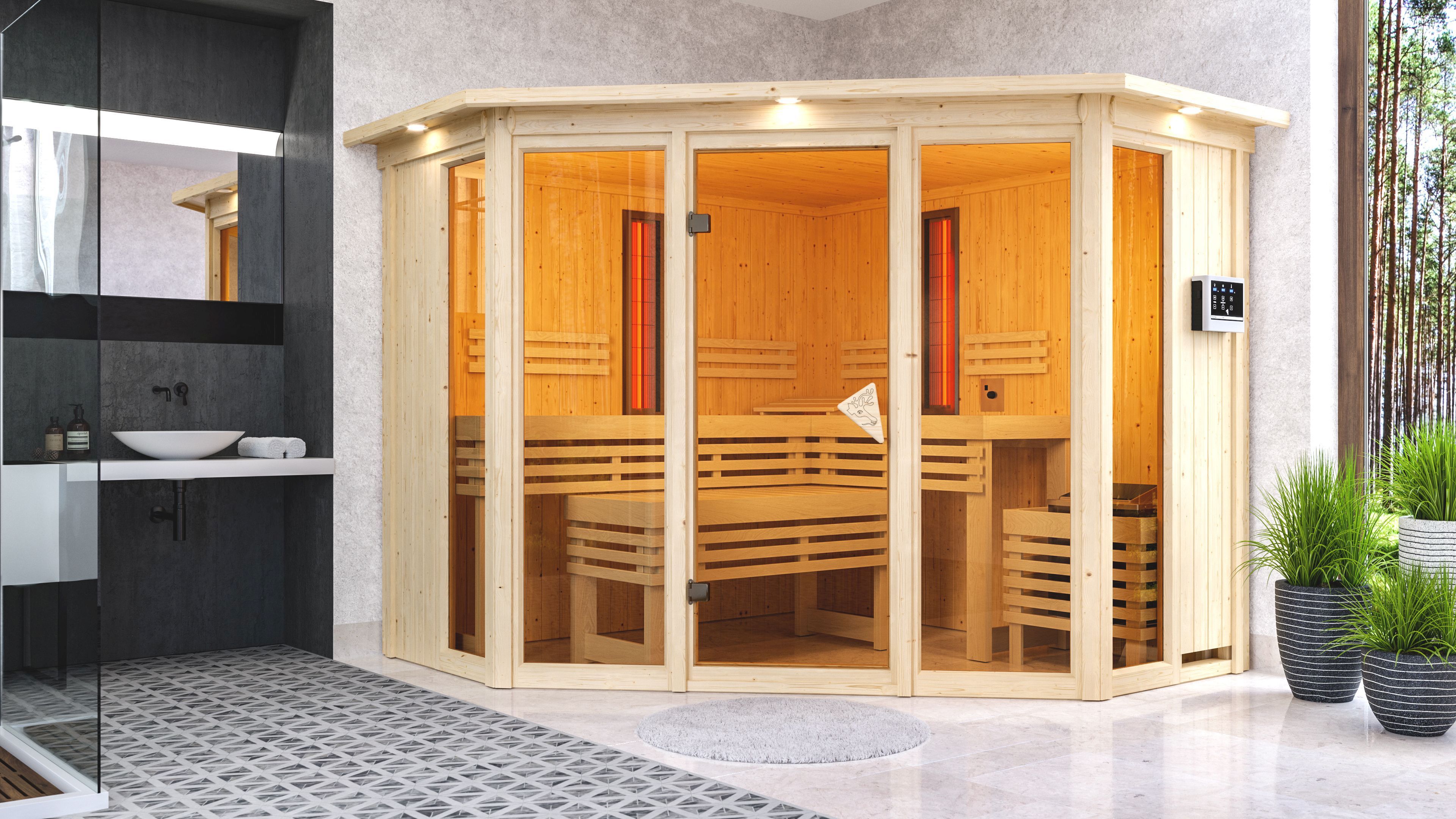 Karibu Multifunktions-Sauna Asta inkl. Infrarotstrahler mit Eckeinstieg 68 mm
