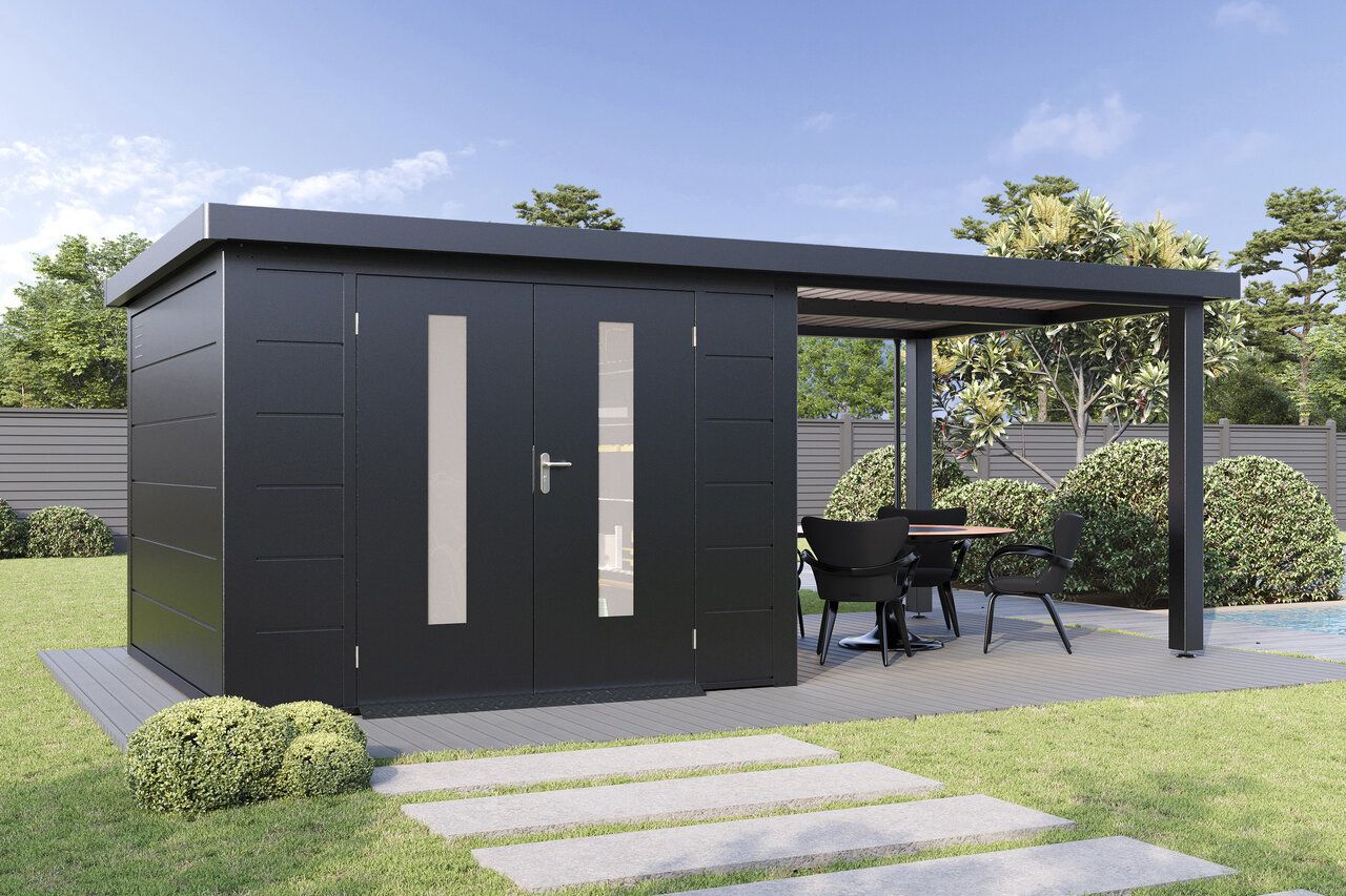 Wolff Finnhaus Premium Metall Gartenhaus Elvar 6030 Anthrazit inkl. 300 cm Anbaudach (Modell 2026)