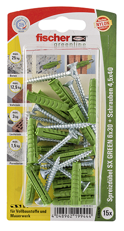 FISCHER Spreizdübel SX 6x30 S GREEN K (15 Stück)