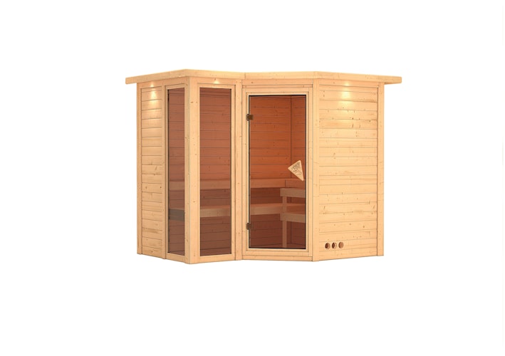 Karibu Sauna Amara-Massivholzsauna 38 mm -Eckeinstieg - Exklusivoptik inkl. gratis Sauna-Zubehörset im Wert von 234,94 €