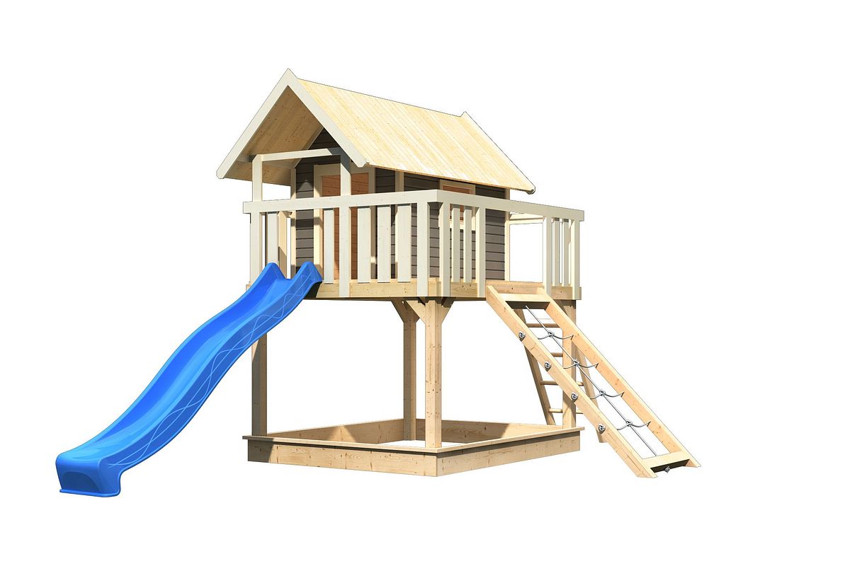 Akubi Stelzenhaus Fidel mit Satteldach inkl. Wellenrutsche und Netzrampe terragrau blau