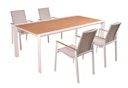 Vorschaubild Garden Pleasure Gartenmöbel Set VENICE 01, Tisch 200 x 100 + 4 Stapelssessel, Alu Weiß / Nonwood Teak-Optik / Kunststoffgewebe Hellgrau