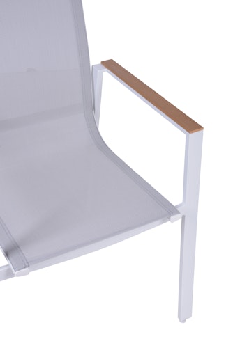 Garden Pleasure Gartenmöbel Set VENICE 02, Tisch 200 x 100 + 6 Stapelssessel, Alu Weiß / Nonwood Teak-Optik / Kunststoffgewebe Hellgrau