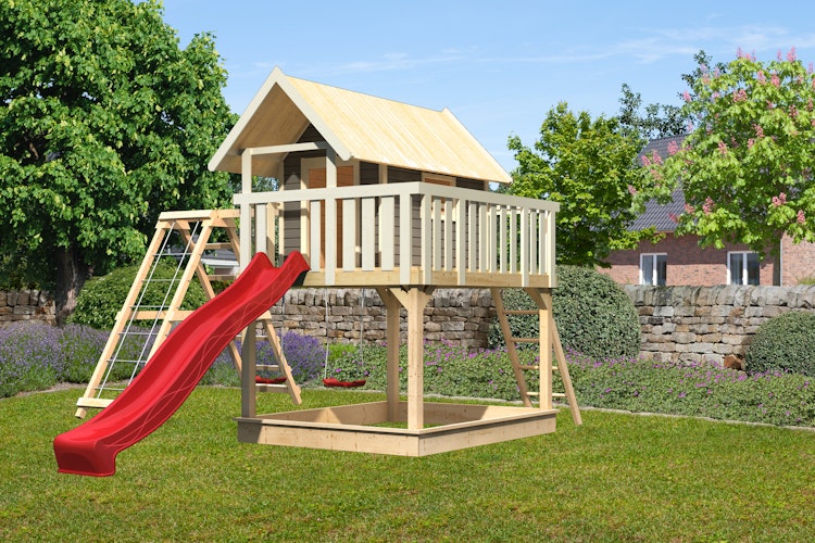 Akubi Stelzenhaus Fidel mit Satteldach inkl. Wellenrutsche und Doppelschaukelanbau mit Klettergerüst und Netzrampe