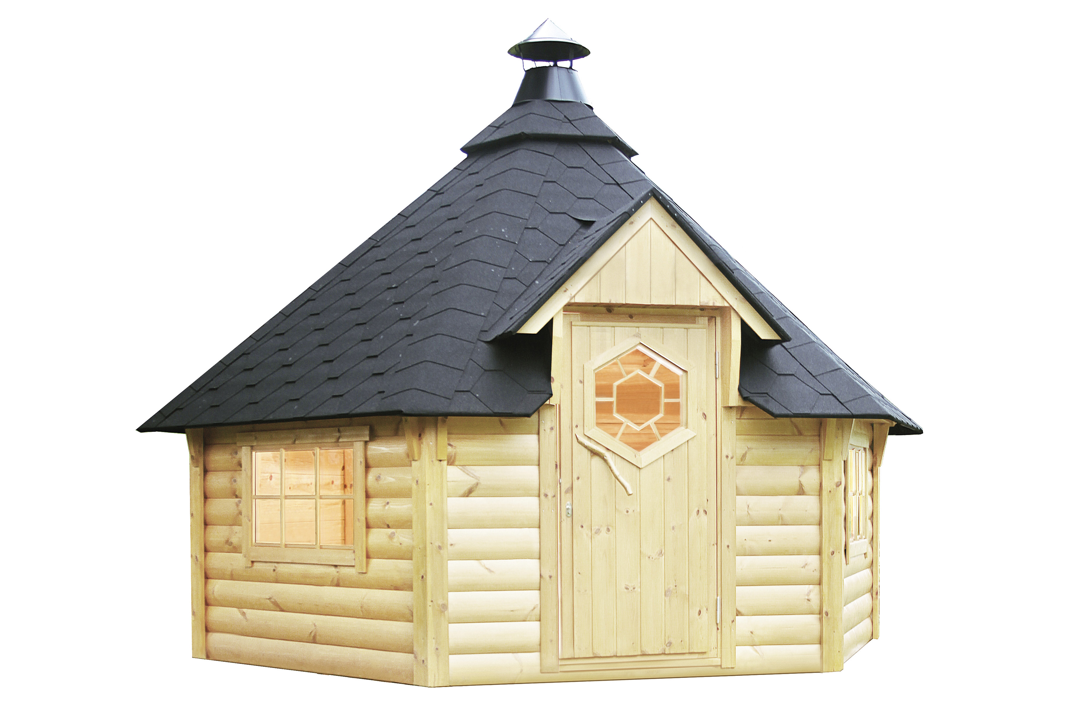 Wolff Finnhaus Grillkota Kalle 3833 45 mm - mit schwarzen Dachschindeln naturbelassen Mit Grillanlage