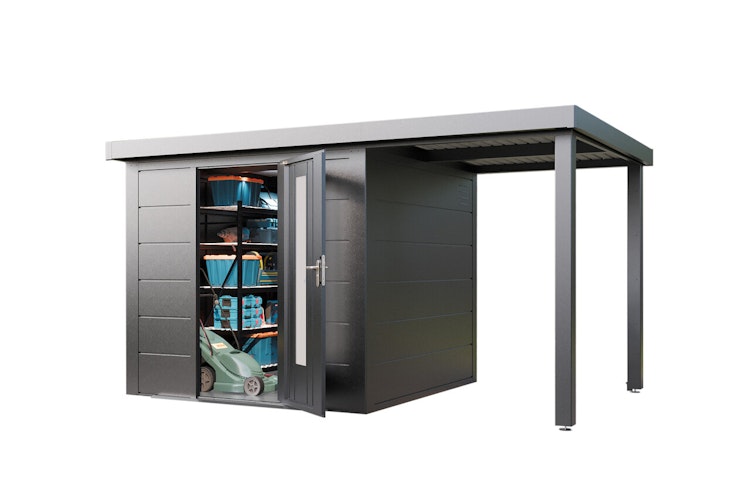Wolff Finnhaus Premium Metall Gartenhaus Thorin 3924 Anthrazit inkl. 150 cm Anbaudach