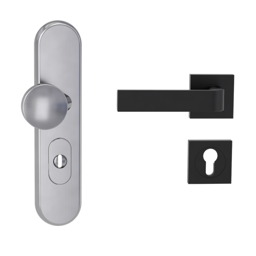 Griffwerk TITANO Kombi SB_882 ES1 (S2) -Edelstahl matt Kombi-Schutzbeschlag -Knopf/Drücker -mit Griff DESM GRAPH -GSC -eckig -L -ZA, 72mm -TS 38-50