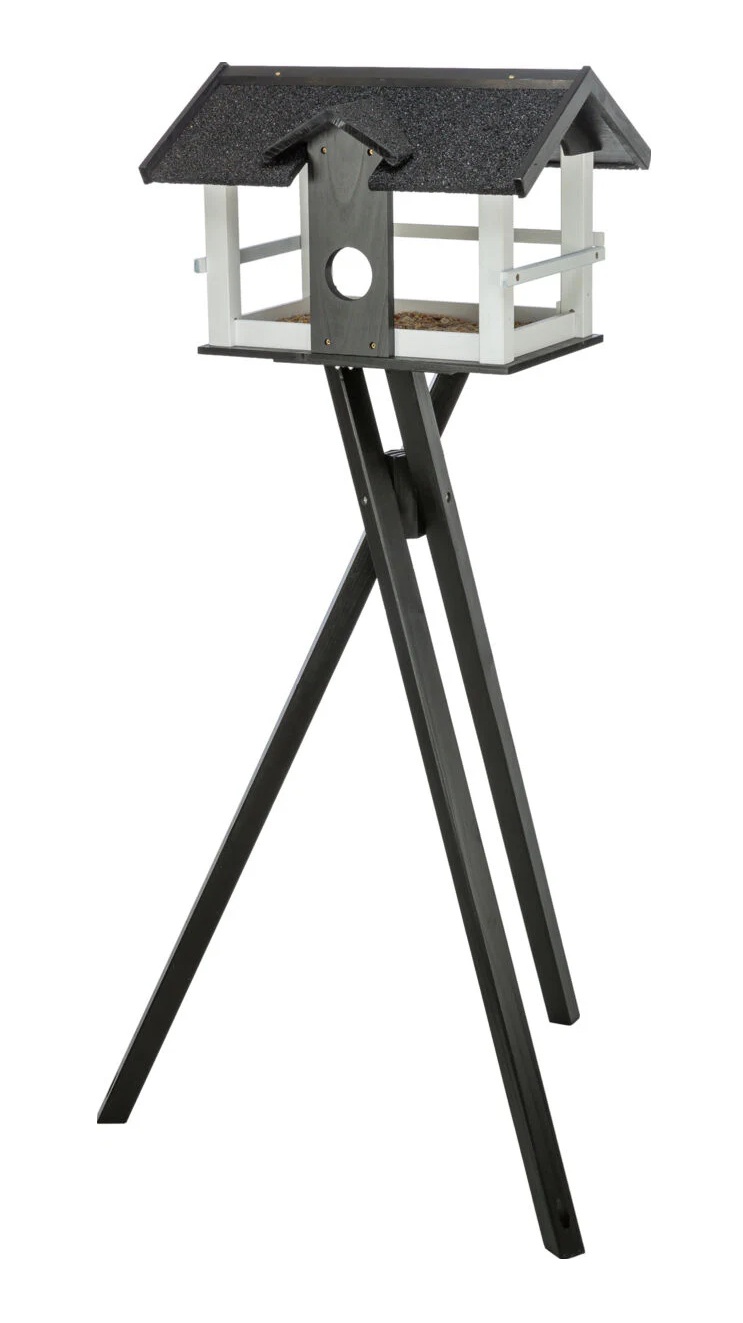 TRIXIE Futterhaus mit Ständer, Kiefernholz, 48 × 33 × 37 cm/1,33 m, schwarz/weiß