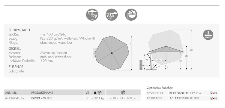 doppler Pendelschirm EXPERT 400 Side, Aluminium Silber / 100 % Polypropylen 220 g/m²