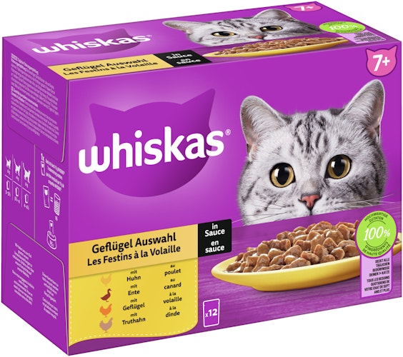 Whiskas 7+ Geflügel Auswahl in Sauce 12 x 85 Gramm Multipack Katzennassfutter