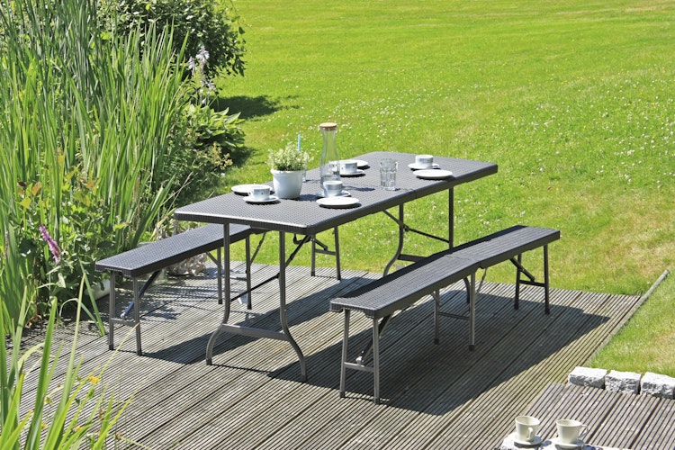 Garden Pleasure Gartenmöbel Set VENTANA, Klapptisch 180 x 74 cm + 2 Klappbänke, Stahl Dunkelgrau / Kunststoff Schwarz