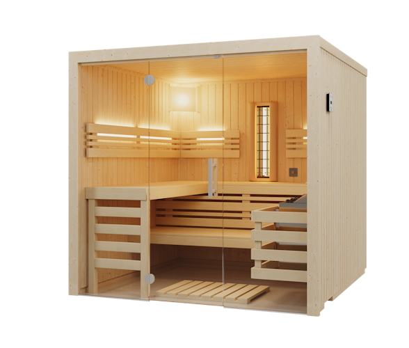 Abverkaufsmodell Infraworld Sauna Panorama Complete 208 Fichte - 75 mm Multifunktionssauna inkl. 5-teiligem gratis Zubehörset