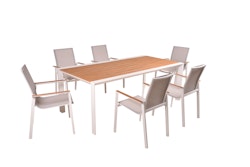 Garden Pleasure Gartenmöbel Set VENICE 02, Tisch 200 x 100 + 6 Stapelssessel, Alu Weiß / Nonwood Teak-Optik / Kunststoffgewebe Hellgrau
