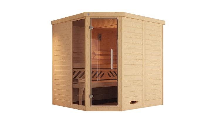 Weka Premium Massivholz-Elementsauna Kemi Eck 1 mit Glastür/Fenster inkl. Komfortpaket - 45 mm
