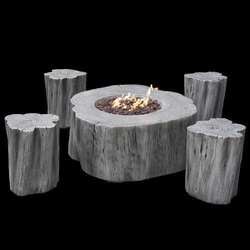 Gardenforma Sitzgruppen -Set: Gas Feuerstelle Manchester aus Faserbeton in Baumstammoptik, hellgrau & 4x Hocker