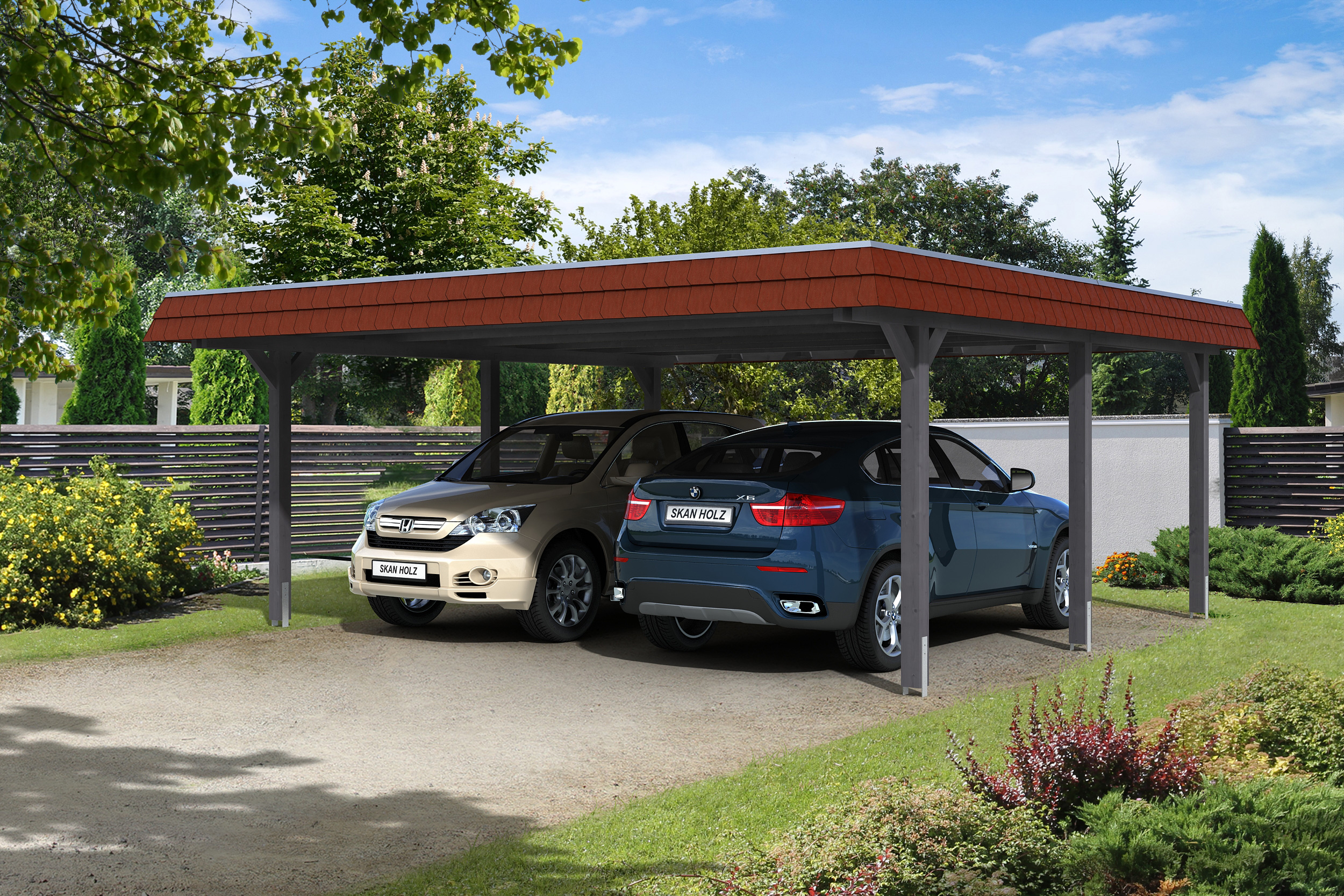 Skan Holz Walmdach Carport 630 cm rote Blende Größe 1 grau Holzcarport