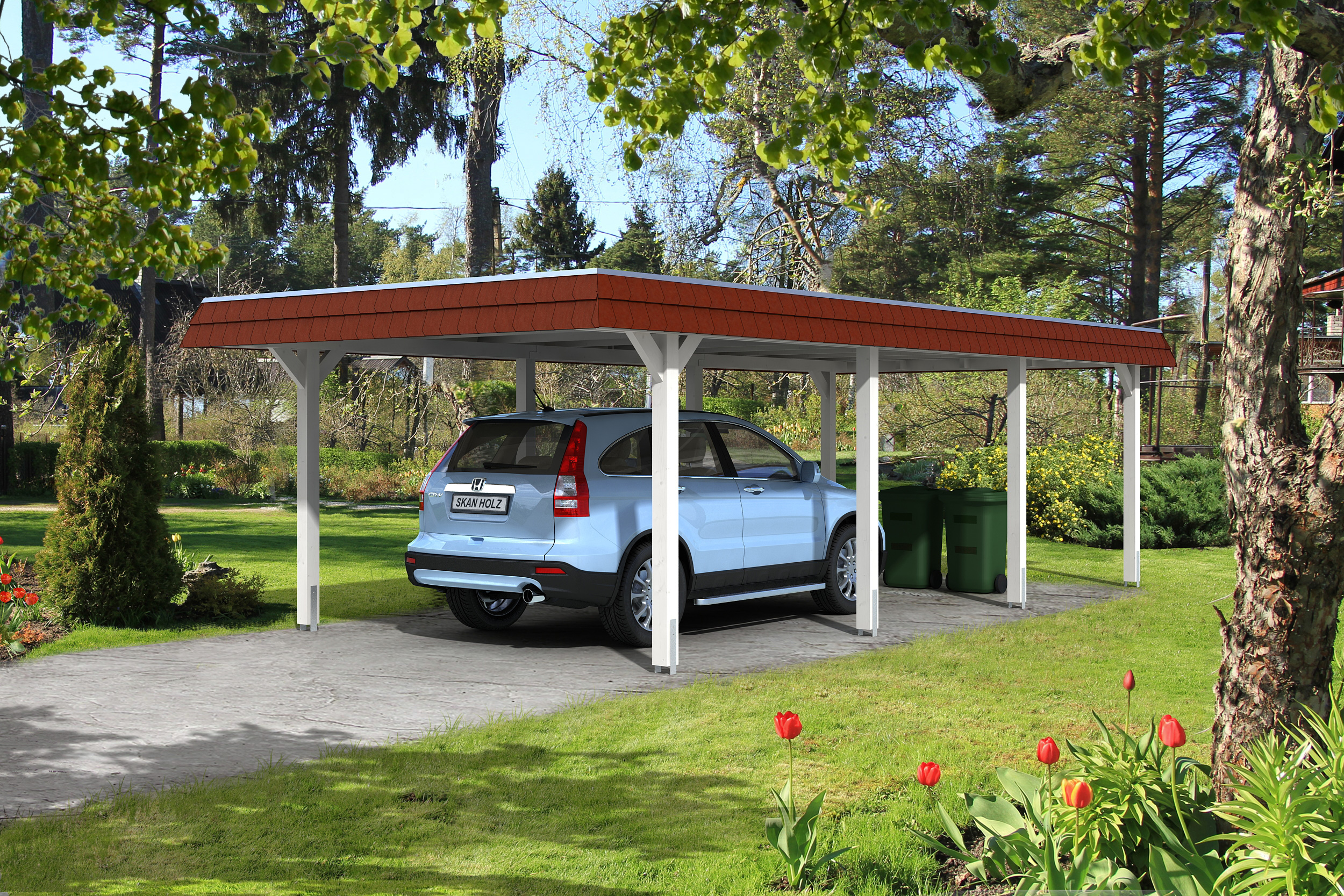 Carport Wendland 409x870 rote Blende, weiß, 20mm Dachschalung mit EPDM Folie Holzcarport