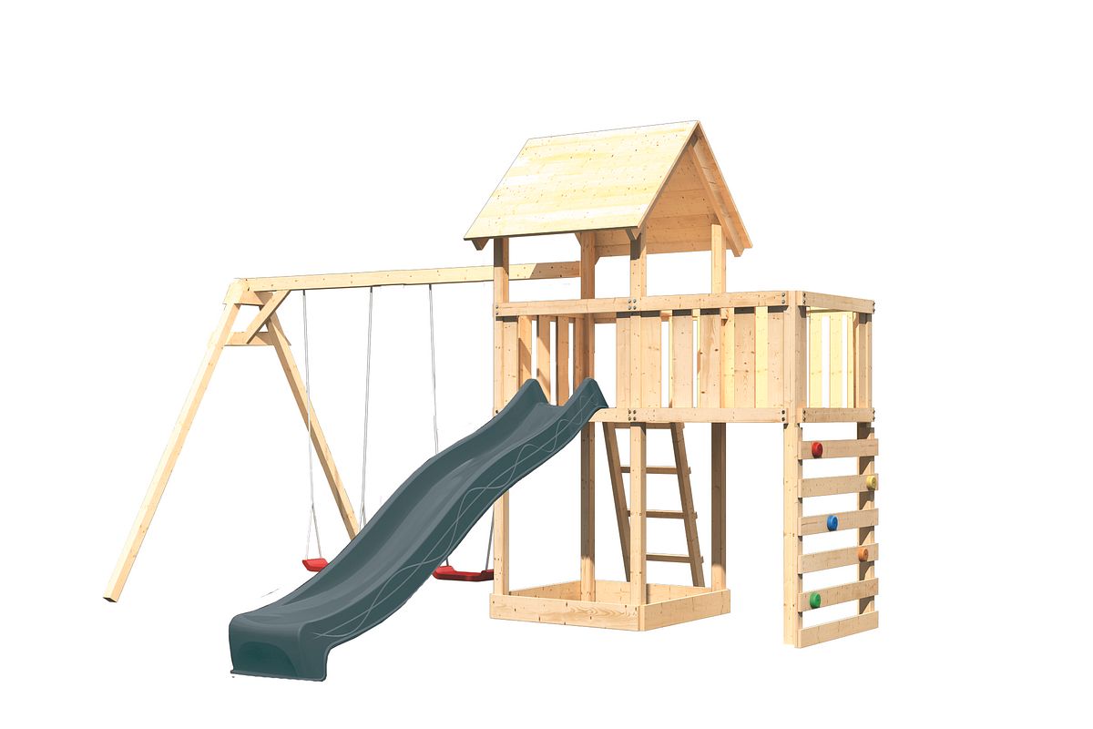Akubi Kinderspielturm Lotti mit Satteldach inkl. Wellenrutsche anthrazit, Doppelschaukelanbau, Anbauplattform und Kletterwand