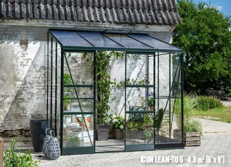 Halls Gewächshaus Icon Lean-To - 0,9 m² / 1,3 m² / 4,8 m² / 7,3 m² 1,9 x 2,54 m - 4,8 m² (Gr. 3) 3 mm Blankglas Grün