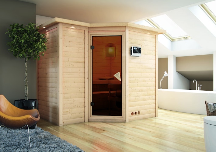 Karibu Sauna Sahib 2-Massivholzsauna 38 mm -Eckeinstieg - Exklusivoptik inkl. gratis Sauna-Zubehörset im Wert von 234,94 €