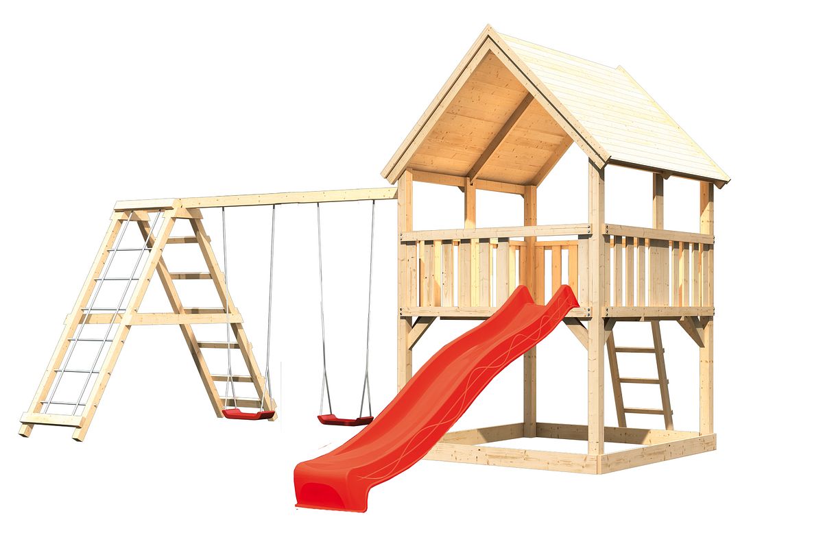 Akubi Kinderspielturm Luis inkl. Wellenrutsche und Doppelschaukelanbau mit Klettergerüst (Set C)-rot