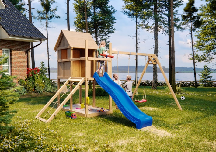Akubi Stelzenhaus Frieda mit Wellenrutsche, Doppelschaukelanbau und Netzrampe