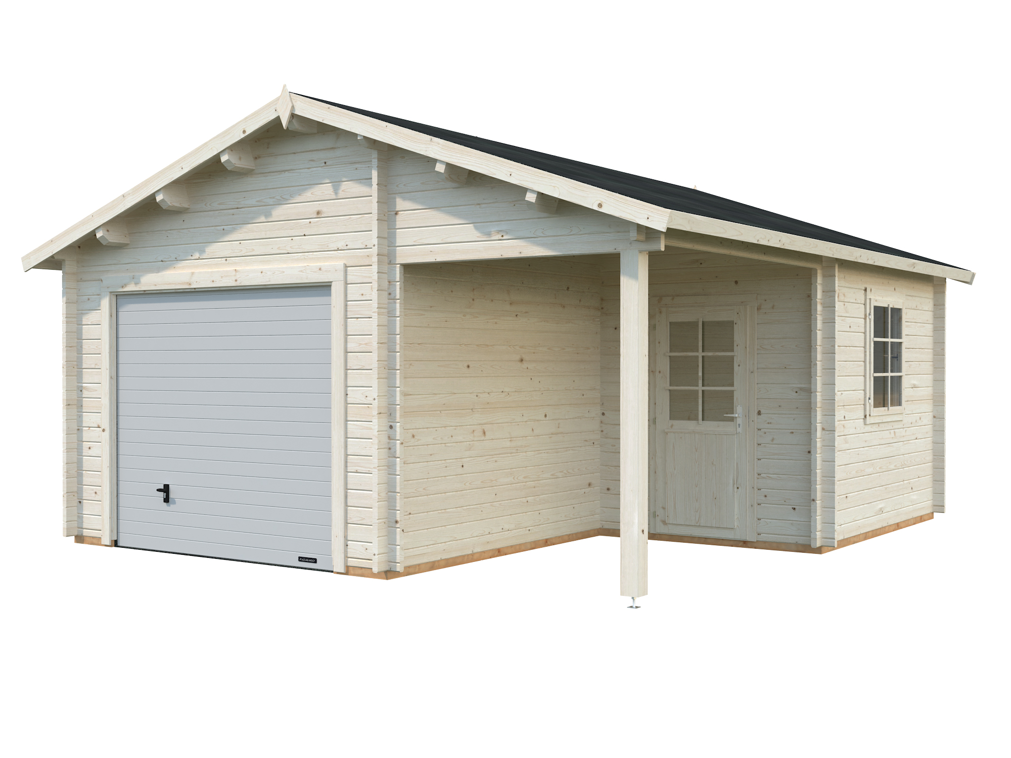 Palmako Garage Roger 21,9+5,2 m² - 44 mm - mit Sektionaltor naturbelassen