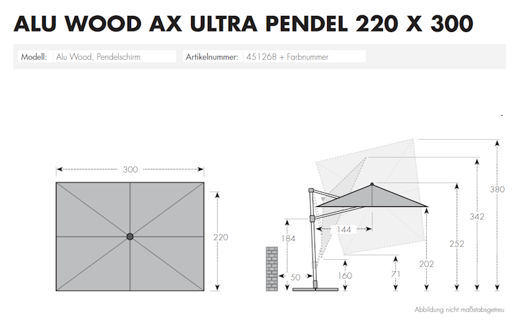 doppler Pendelschirm ALU WOOD 300 x 220, Aluminium Esche-Optik / 100 % Polyester 180 g/m²