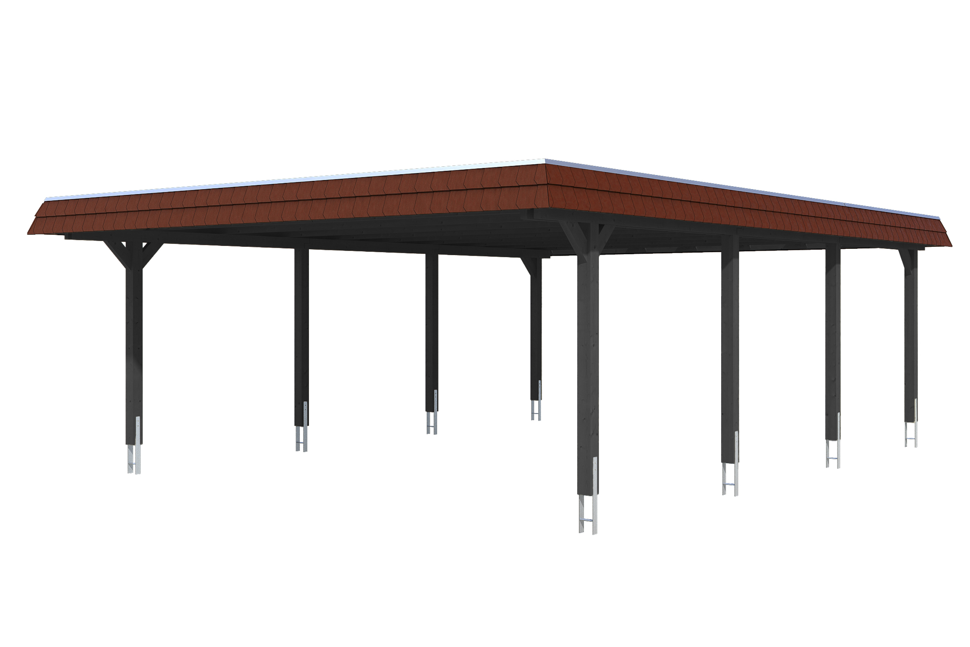 Skan Holz Walmdach Carport 630cm rote Blende Größe 2 anthrazit Holzcarport